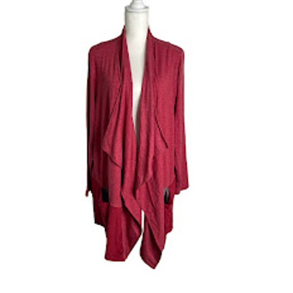 LOGO by Lori Goldstein Sweaters - LOGO Lounge Lori Goldstein 3X Red French Terry Cardigan Sweater Faux Suede Hem